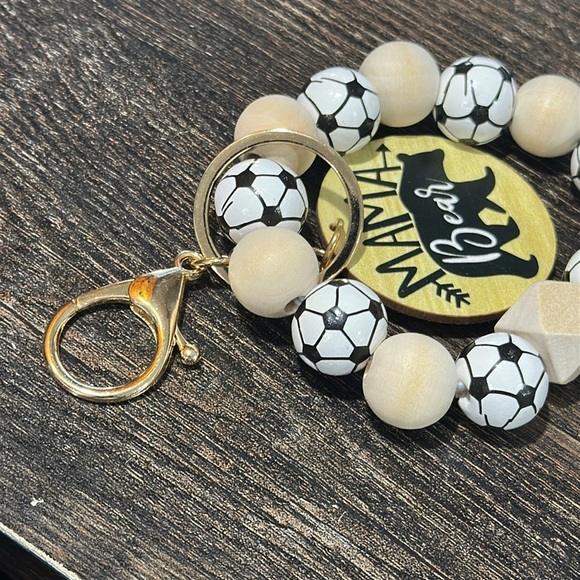 NWT Soccer ⚽️ MAMA BEAR Keychain Wristlet large wooden beads with Soccer Ball - Picture 4 of 4